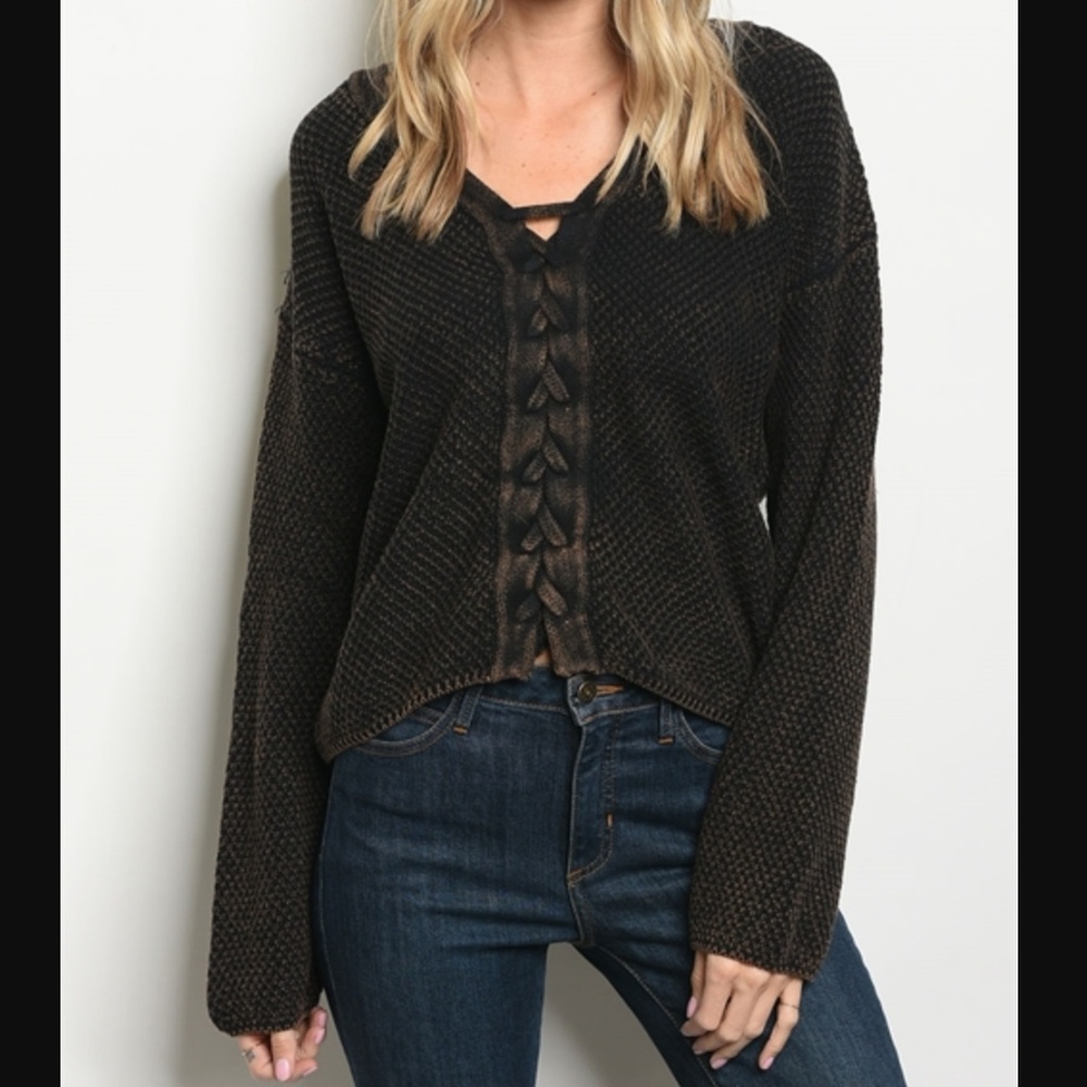 ROMA Sweater Lace Up V-Neck Long Sleeve Cotton Textured Black Sizes Md & Lg NWT
